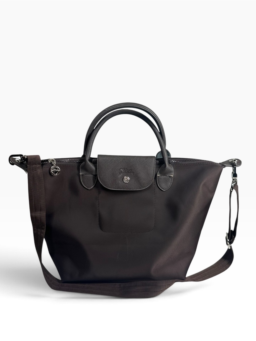 LONGCHAMP Le Pliage Original Dark Brown Tote Silver Hardware